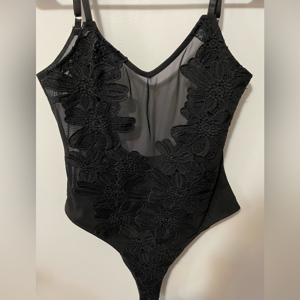 Black Mesh Bodysuit with Floral Appliqués